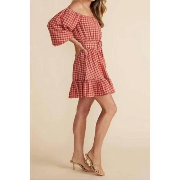 MINKPINK Cora mini plaid dress in blush/rust puff sleeves - Picture 4 of 15